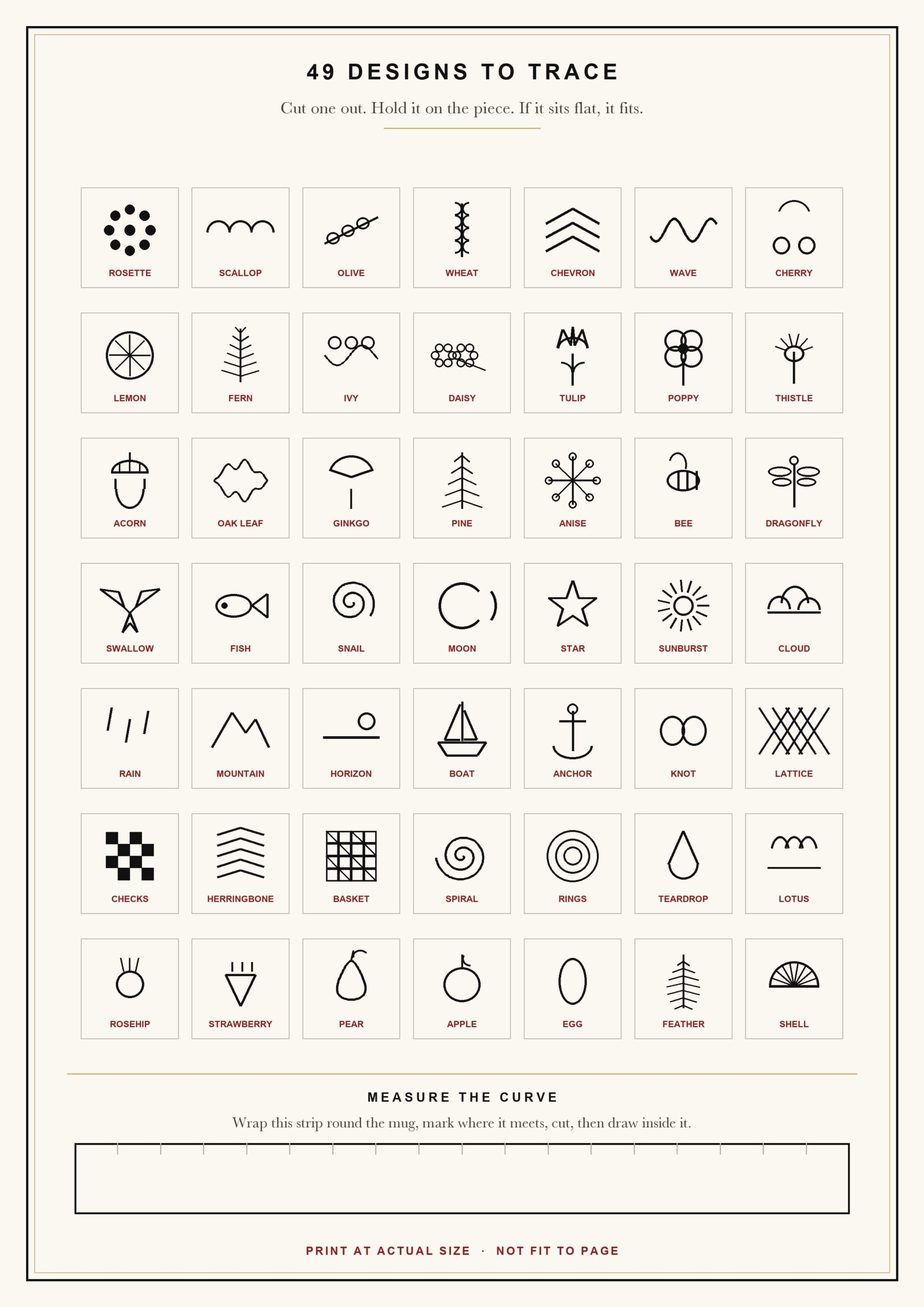 Free printable paint your own pottery ideas sheet: 49 traceable motifs sized for mugs, bowls and plates