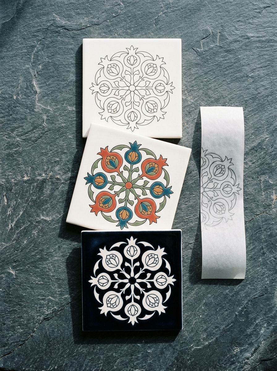 One pomegranate rosette on three tiles: outline only, filled flat in coral and teal, then reserved white out of a solid dark ground
