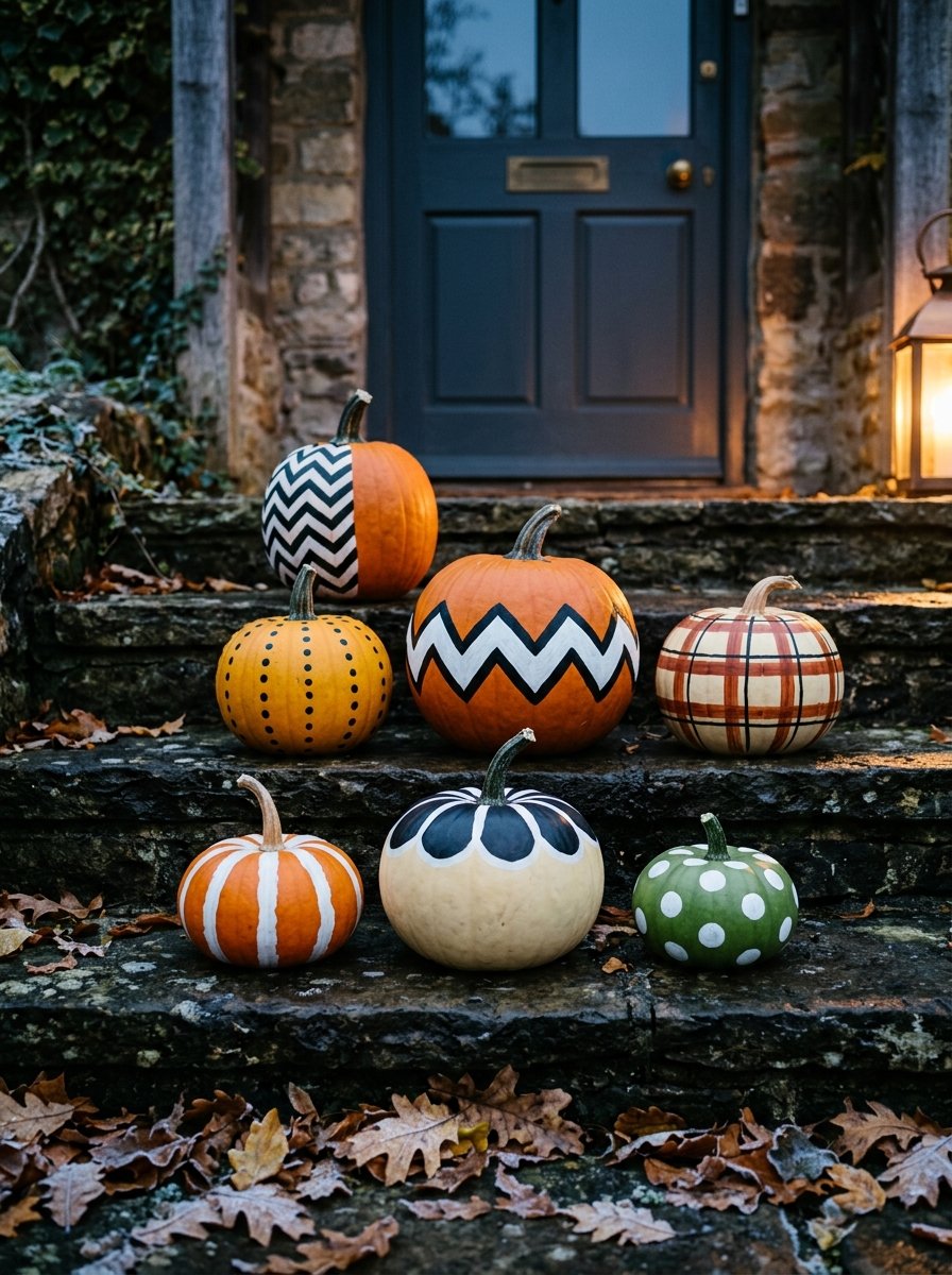 Pumpkin painting ideas for adults: uncarved pumpkins with bold painted patterns on stone steps at dusk