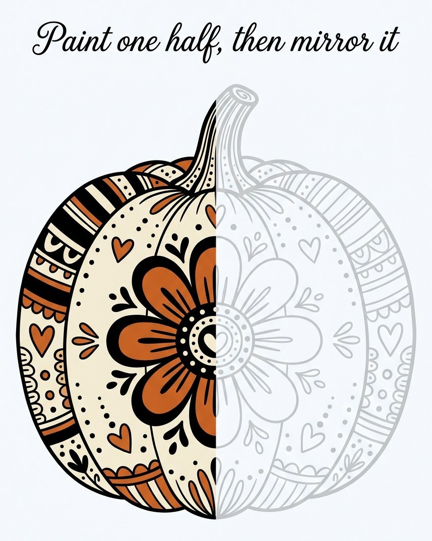 Pumpkin painting ideas for adults: a folk flower painted on one half, the other half left as a grey guide