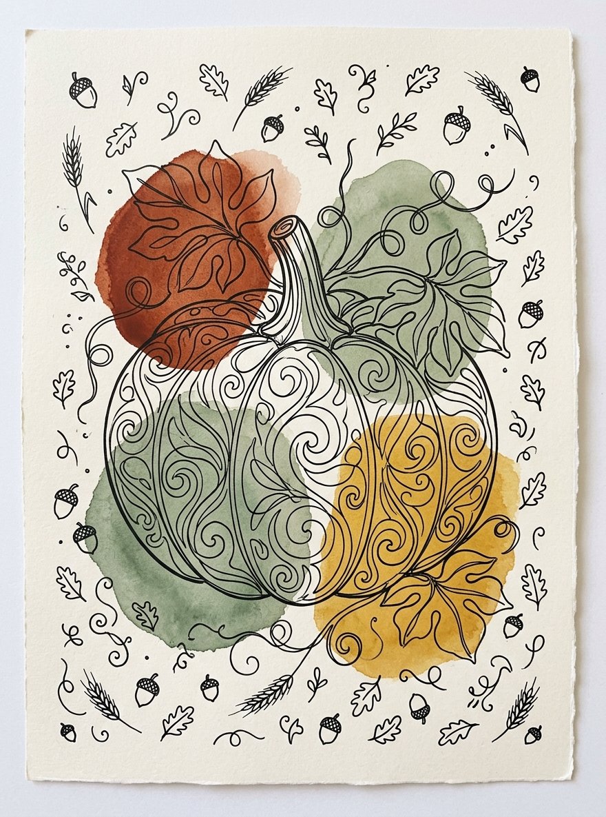Pumpkin painting ideas for adults for November: one continuous leafy line round a pumpkin over rust and sage