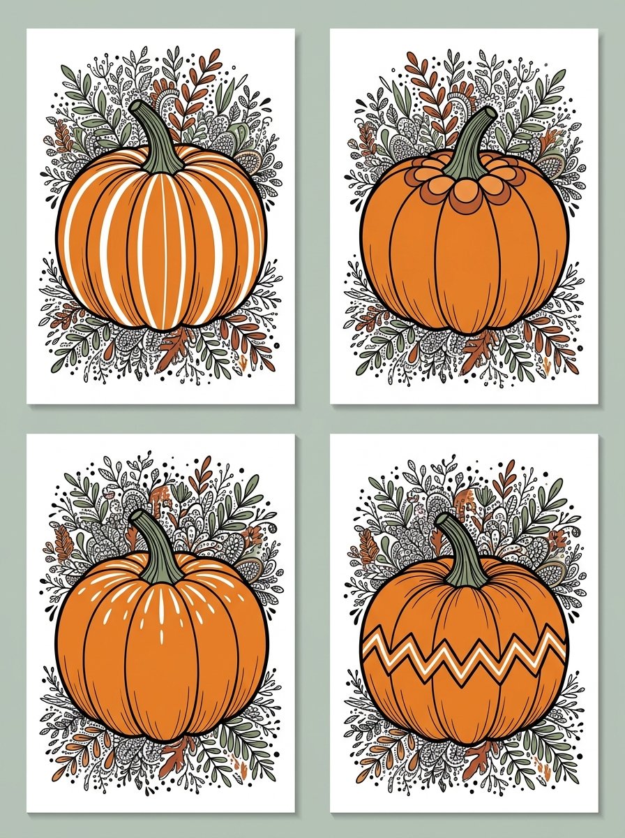 Four quick pumpkin painting ideas for adults: groove stripes, a scallop crown, sun rays and a zigzag belly band
