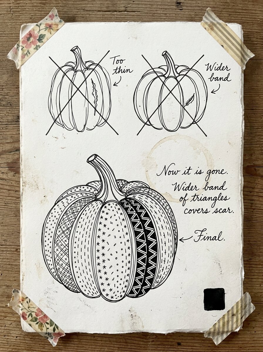 Journal page of pumpkin sketches where a wide band of triangles hides a scar