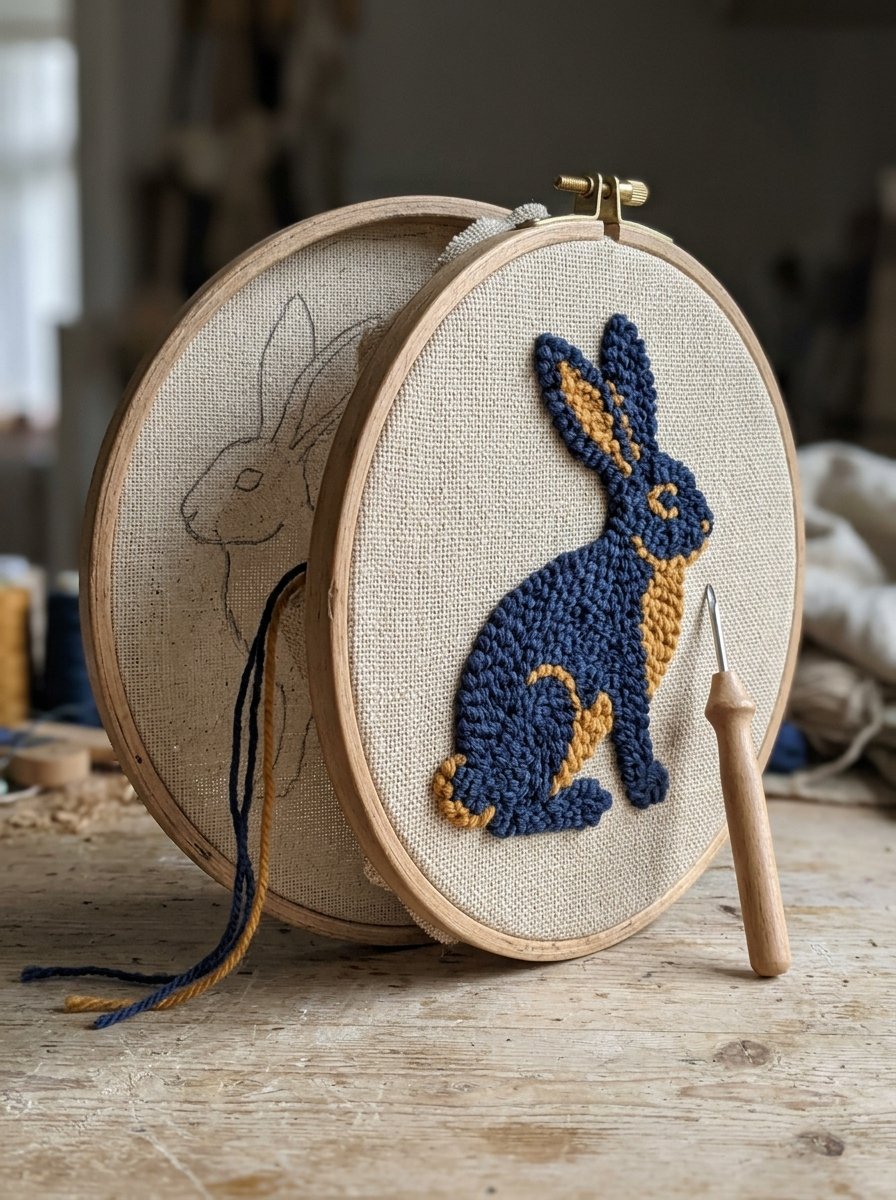 Punch needle patterns for beginners: a hoop of monk's cloth with the drawn outline and hanging yarn tails on one face and the finished punched loops on the other