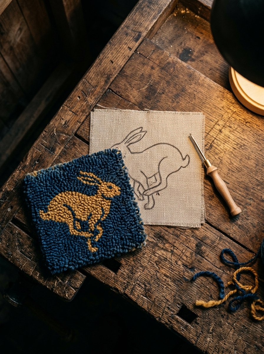 Punch needle patterns for beginners: the reversed outline drawn on bare monk's cloth beside the finished piece in standing wool loops