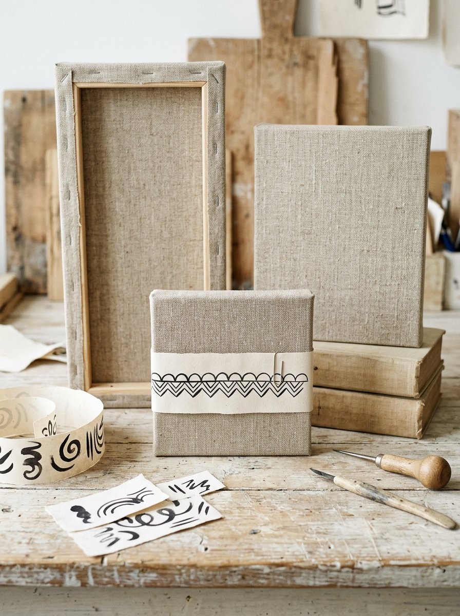Punch needle patterns for beginners: unfinished linen pieces on a pale table, one wrapped with a paper strip carrying a repeating band of bold punch needle motifs