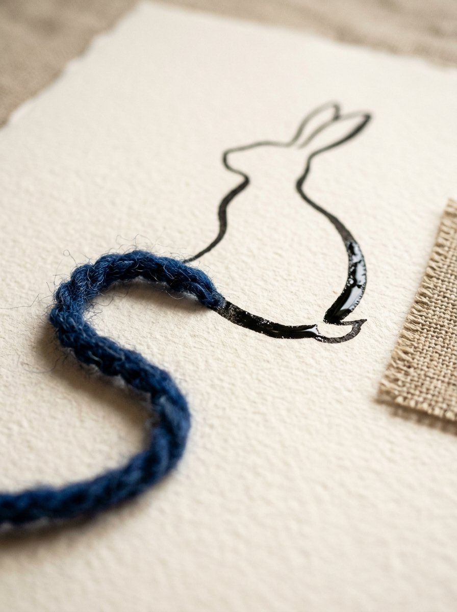 A loose indigo wool strand on paper continuing into a drawn ink outline, the moment a thread becomes a punch needle pattern