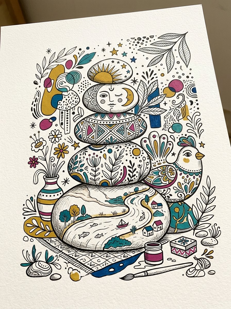 Rock painting ideas for adults: painted stones stacked beside a ceramic bird in mustard, teal and magenta blocks