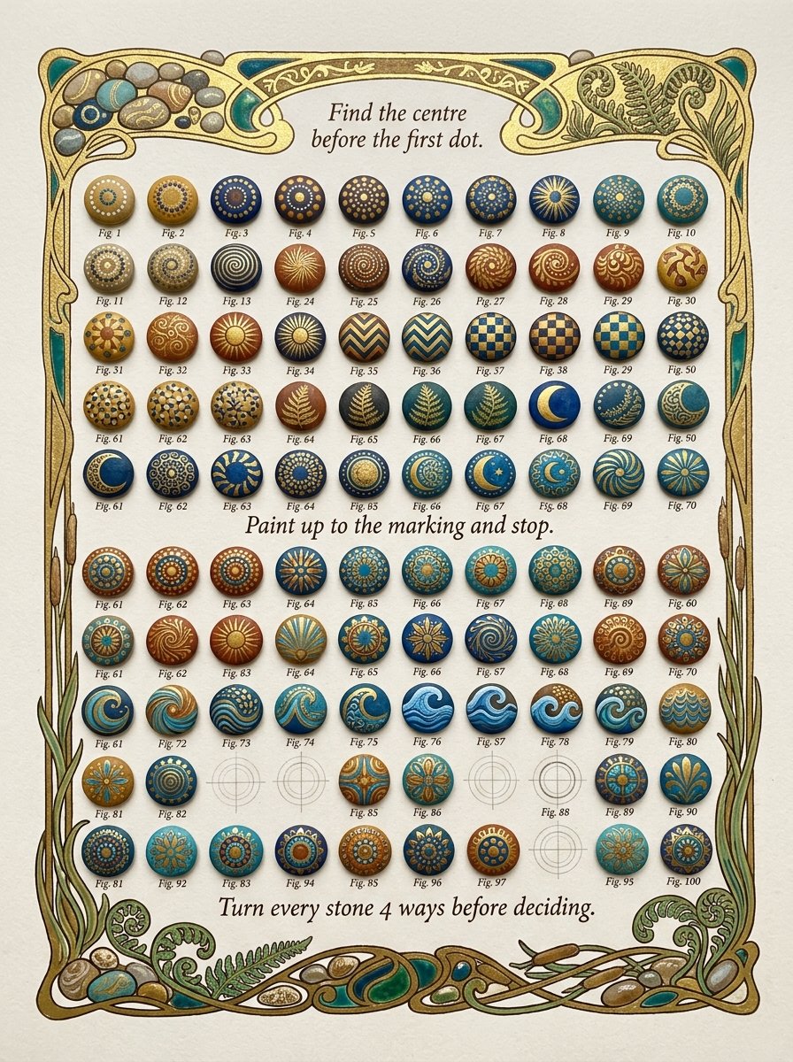 Encyclopedia plate cataloguing 100 painted stone designs in ten rows of ten