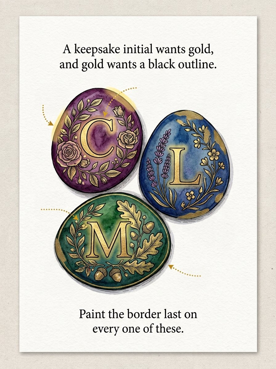 Rock painting ideas for adults: where gold accents go on a flat painted stone, shown as a do and do-not guide
