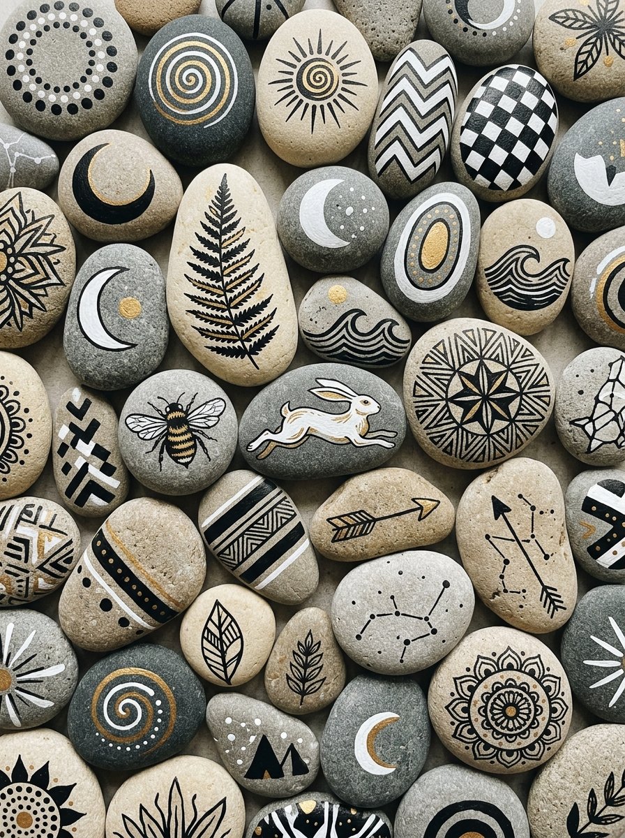 Rock painting ideas for adults: painted stones spilled edge to edge, each with a different design
