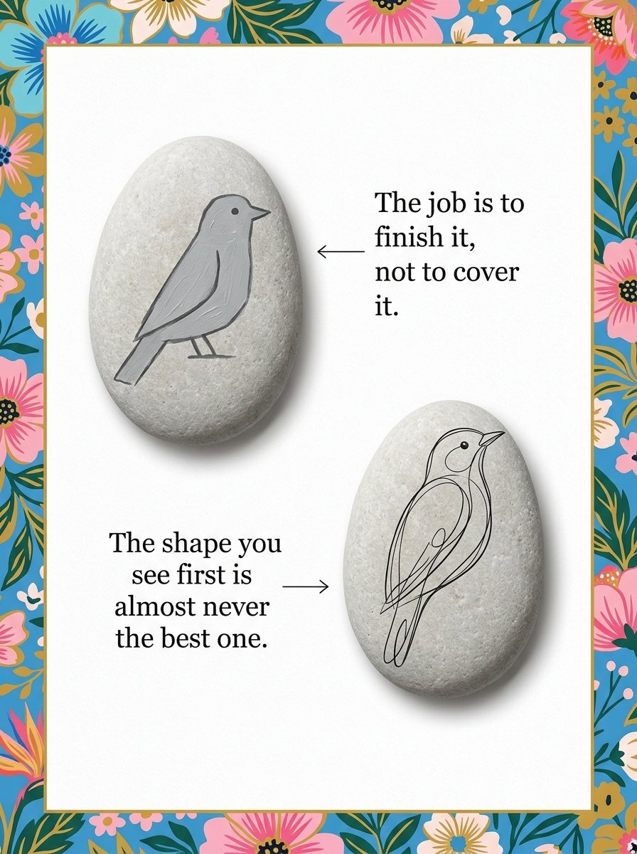 Rock painting ideas for adults: a stiff bird drawn across a stone beside a loose one that follows the stone's own curve