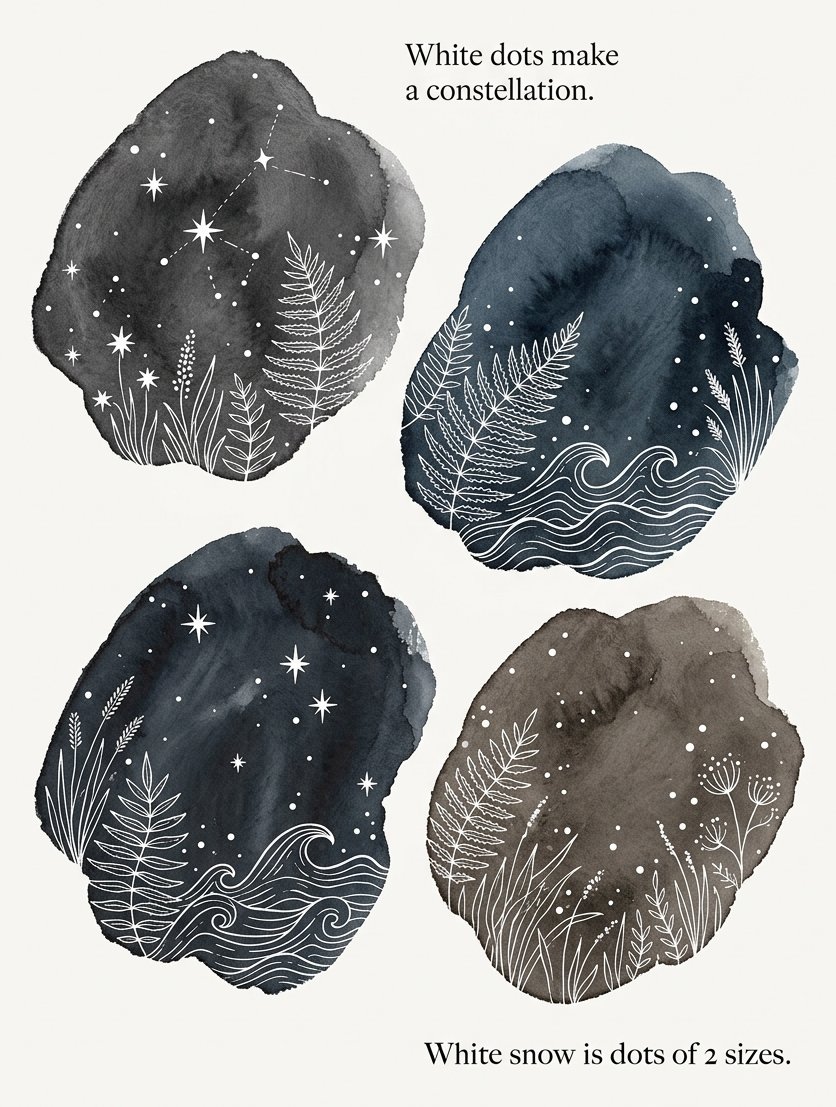 Dark stone palette with white pen strokes indexed beside each swatch