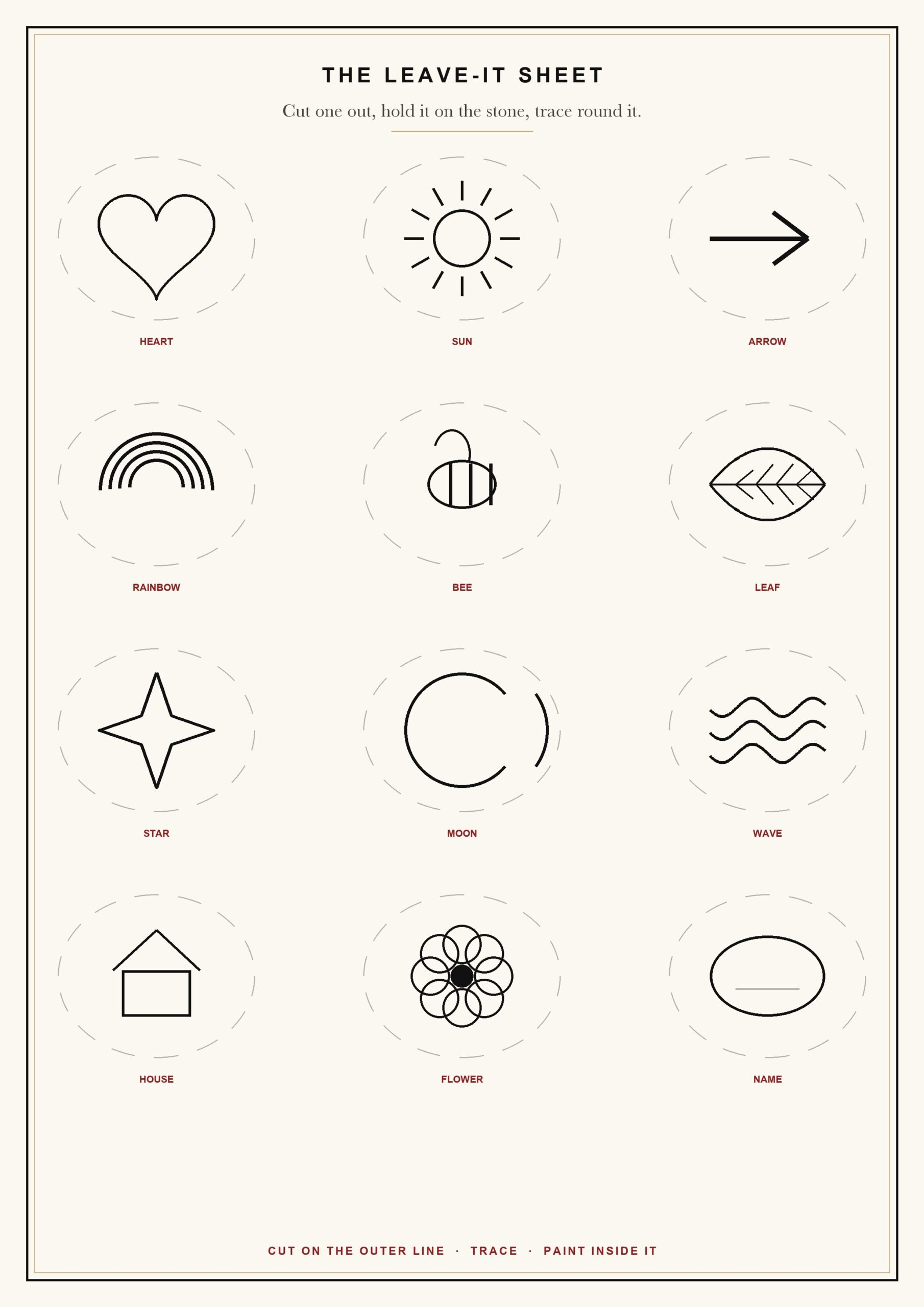 Rock painting ideas for adults: printable leave-it sheet of 12 cut-out designs to trace onto a stone you give away