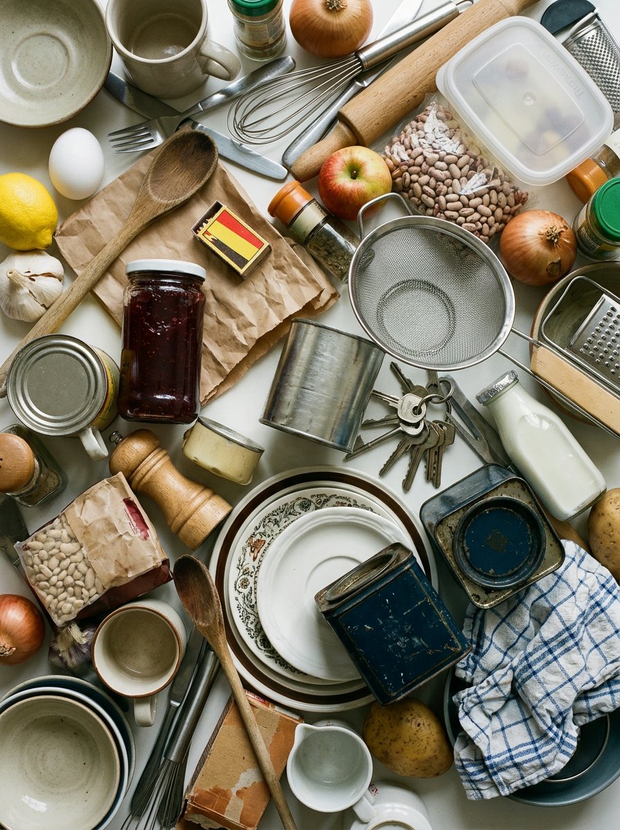 Cupboard raid still life drawing ideas: forty everyday kitchen objects seen from directly above