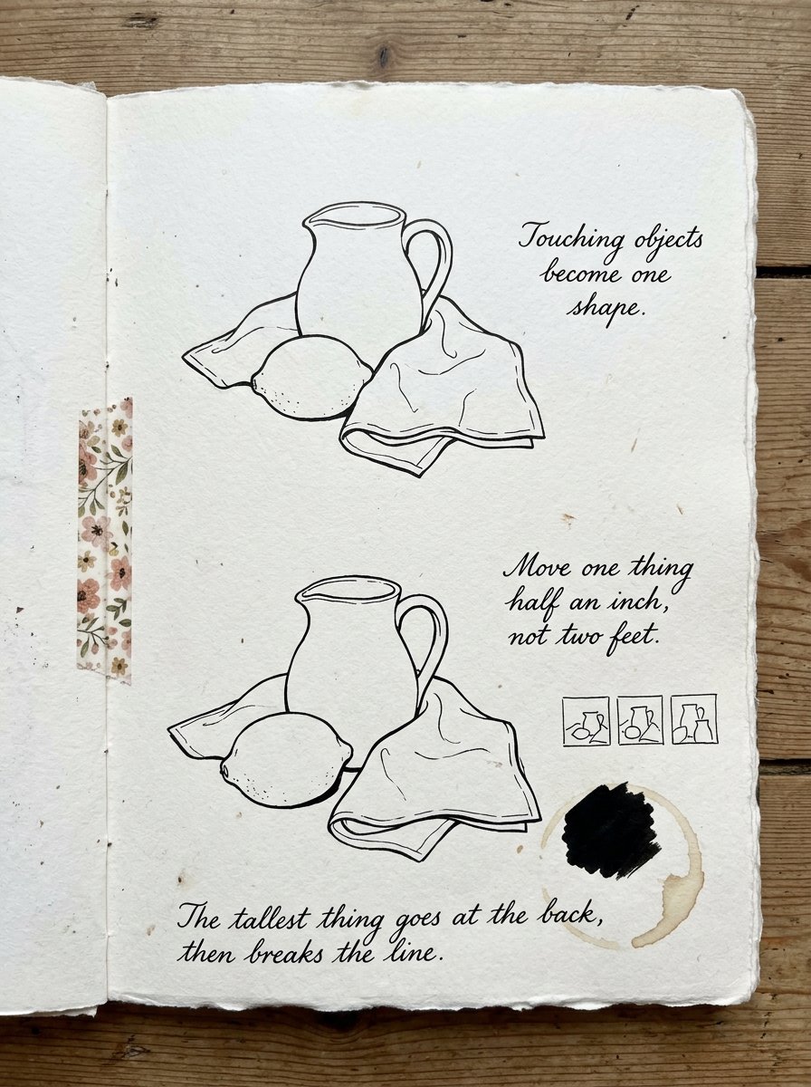 An artist journal page of still life drawing ideas with handwritten notes on spacing and height