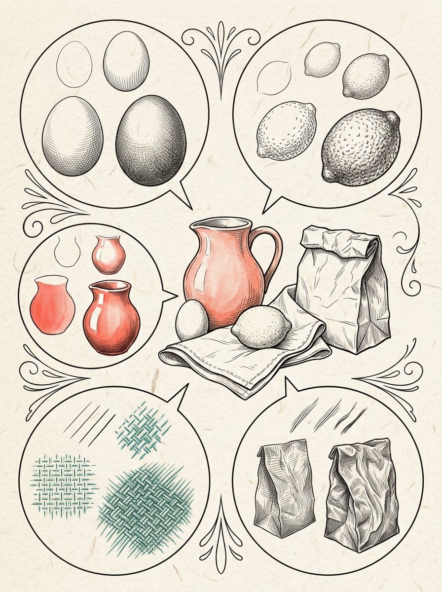 Object surfaces for a still life: magnified studies of eggshell, lemon peel, glaze, linen and paper