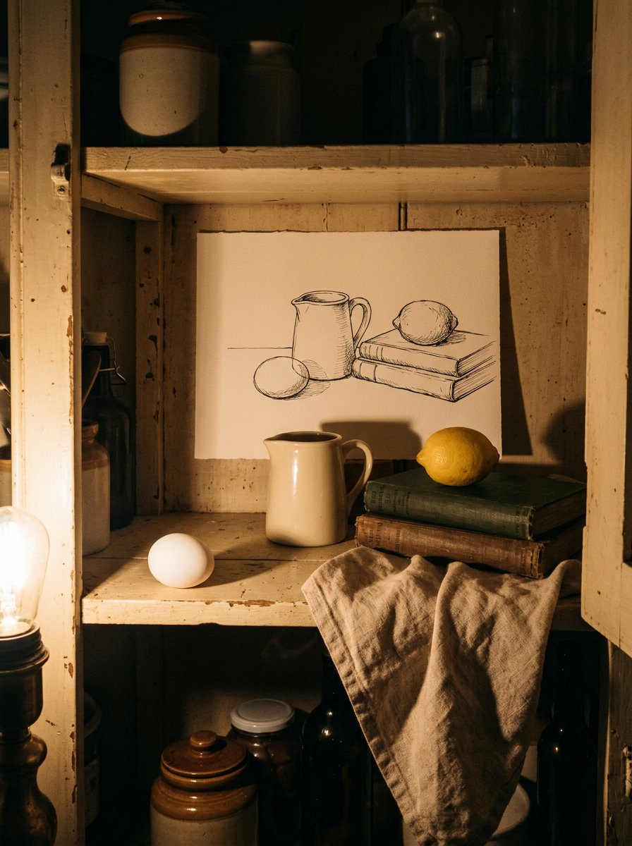 Still life drawing ideas cover: an open kitchen cupboard set up for drawing, an egg, a jug and a lemon at three heights beside the same group drawn in ink