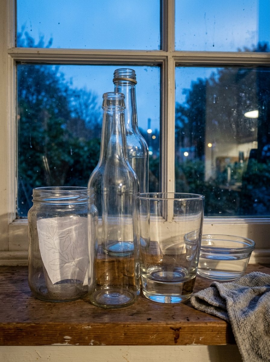 Overlap in a still life: backlit jars and a bottle standing so each crosses the one behind it