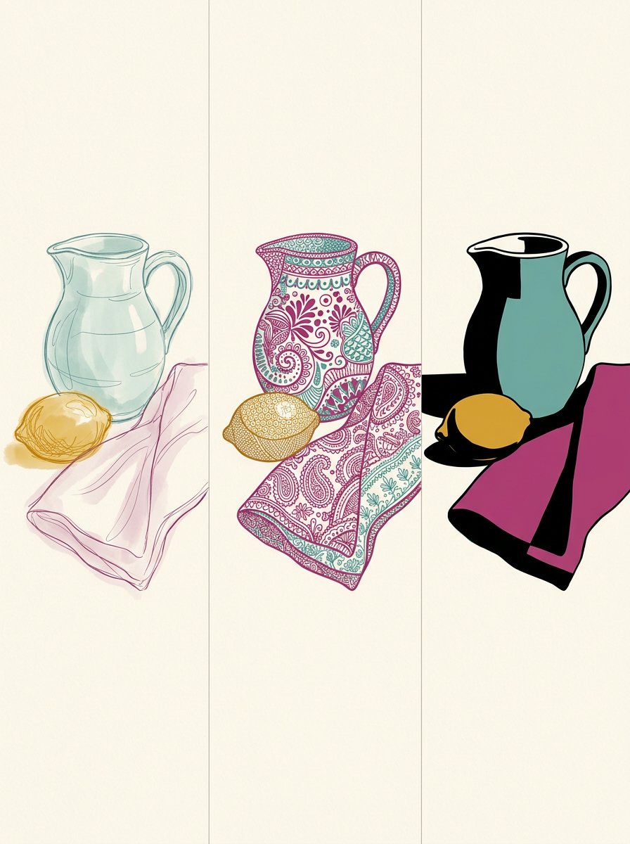 The same jug, lemon and cloth set-up drawn three ways, from loose line to bold solid shape
