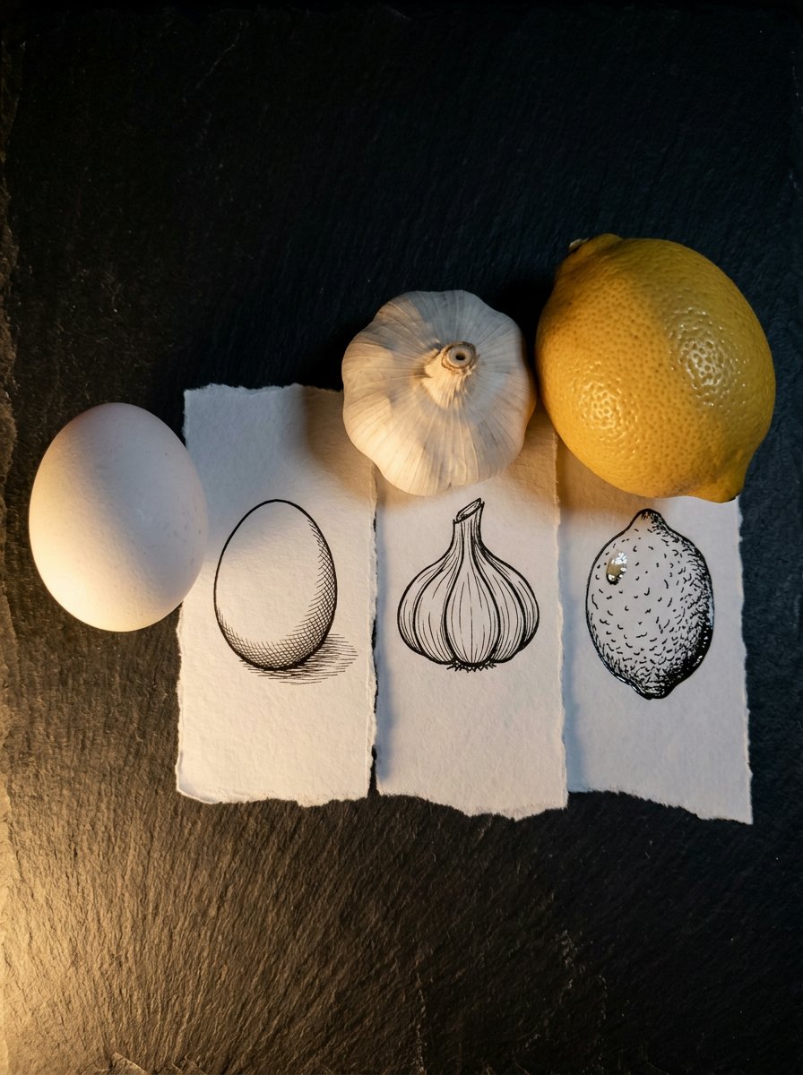 Still life drawing ideas for one object: an egg, a garlic bulb and a lemon beside their ink twins