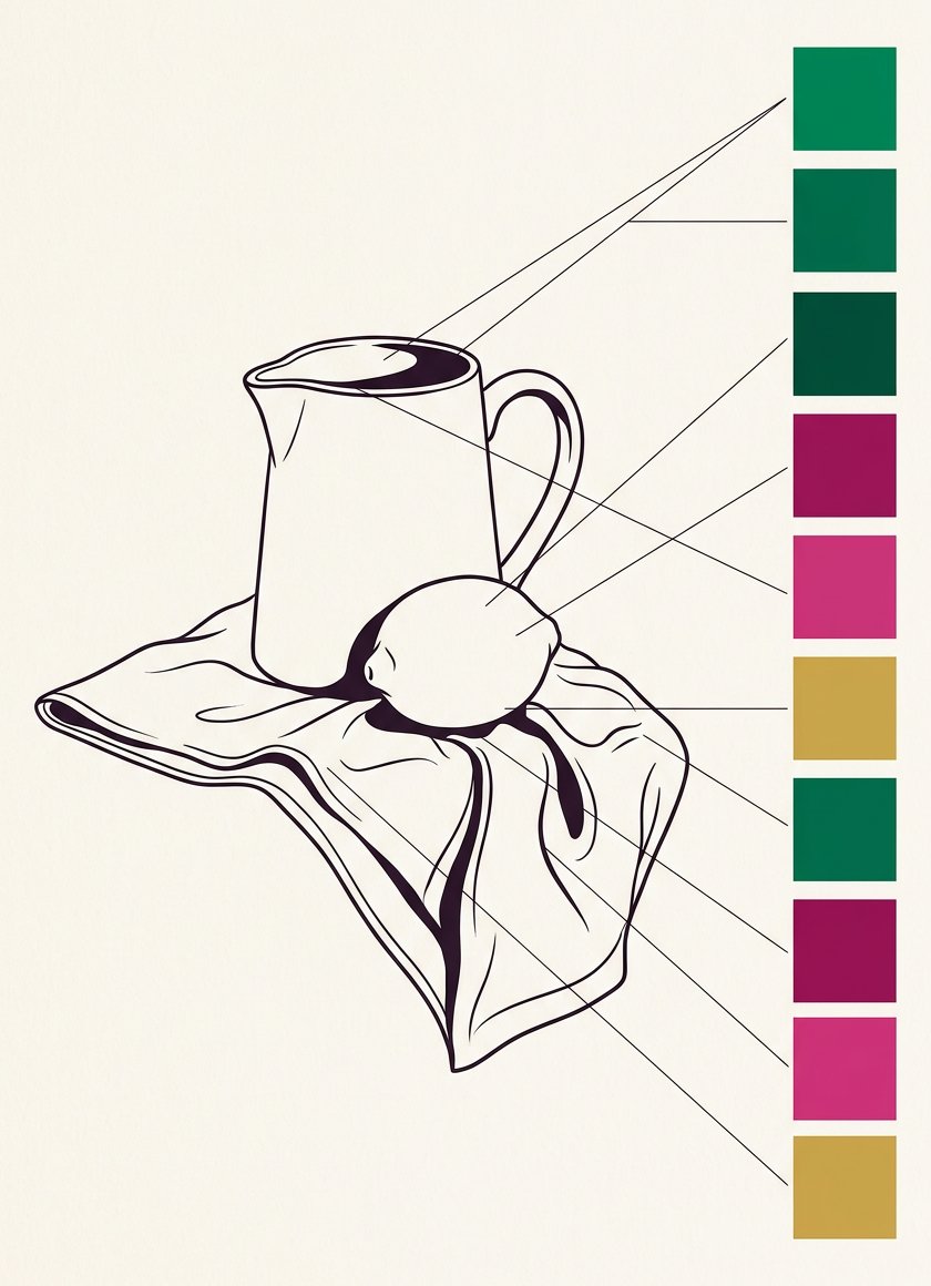 Where the darks go in a still life: a jug and lemon line drawing mapped to colour swatches
