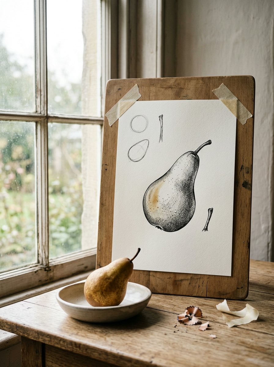 Still life drawing ideas at a window: a pear study taped to a board with the real pear in a dish