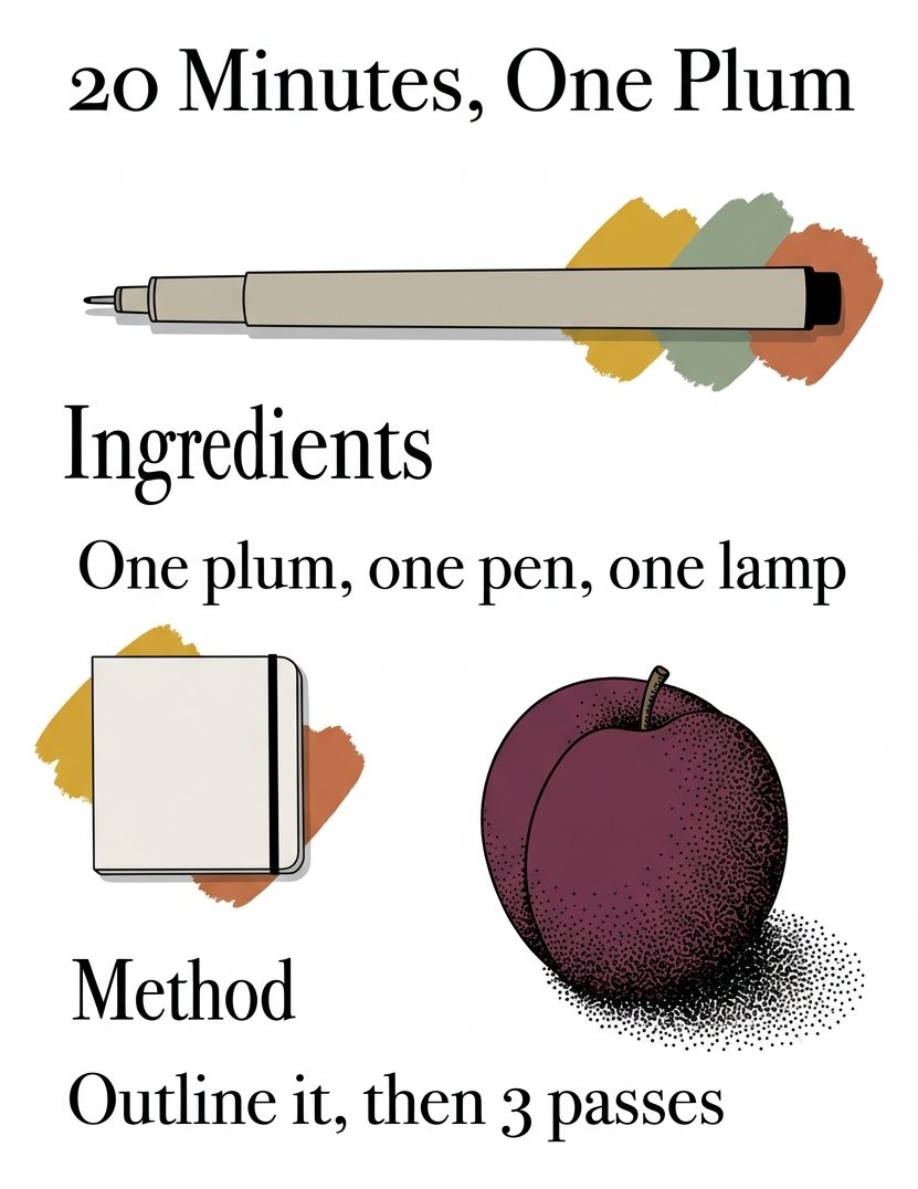 A 20-minute stippling drawing recipe card for one plum, one pen and one lamp