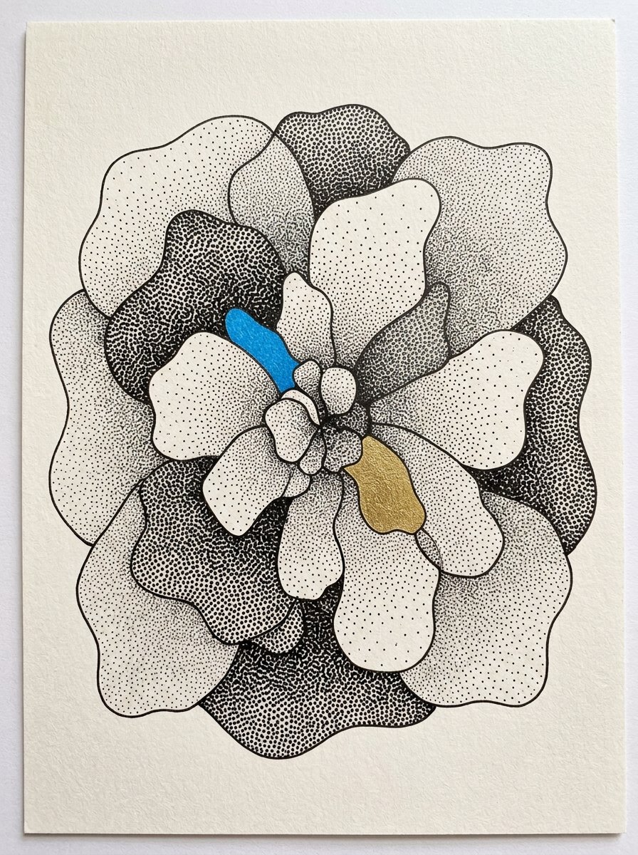 Stippling drawing worksheet: a single bloom zoned and filled with dots at different densities