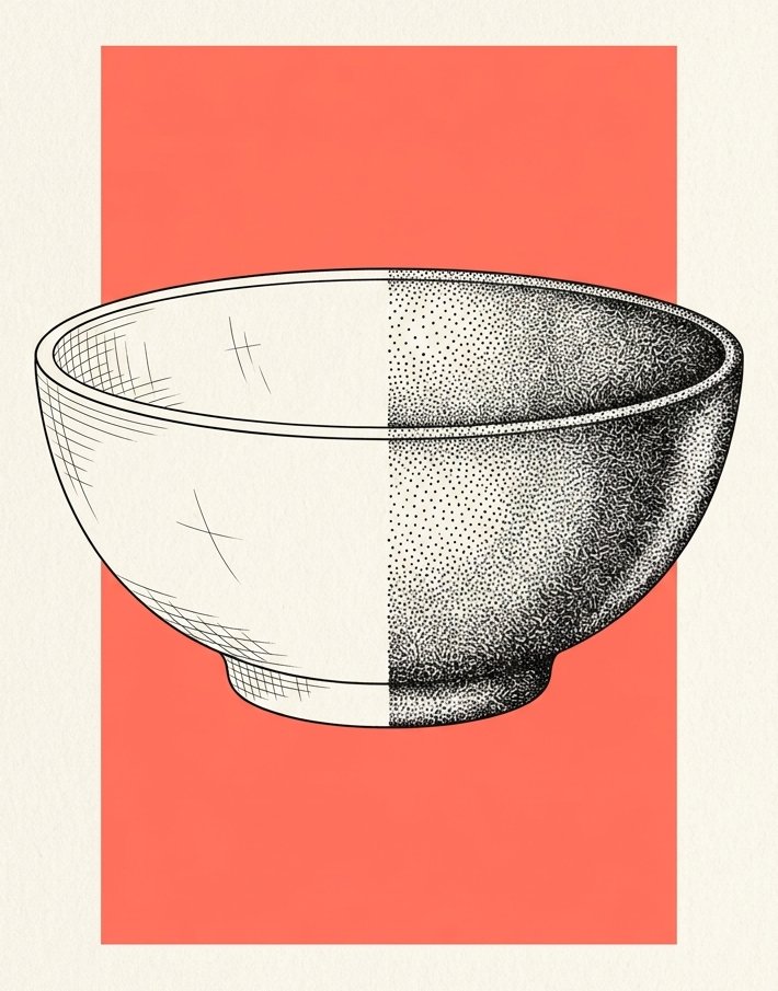 A bowl with its far half built from dense dots and its near half left almost bare