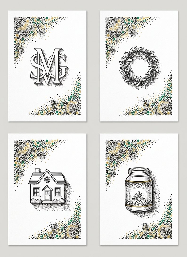 Four postcard layouts where each subject keeps a clean line and every shadow is built from dots