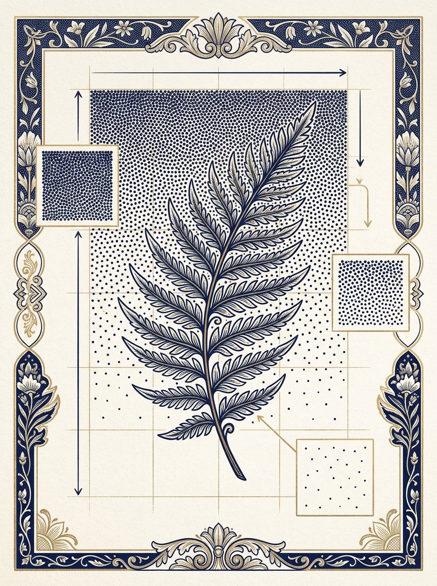 Stippling drawing blueprint showing a graded dotted background crowding behind a fern frond
