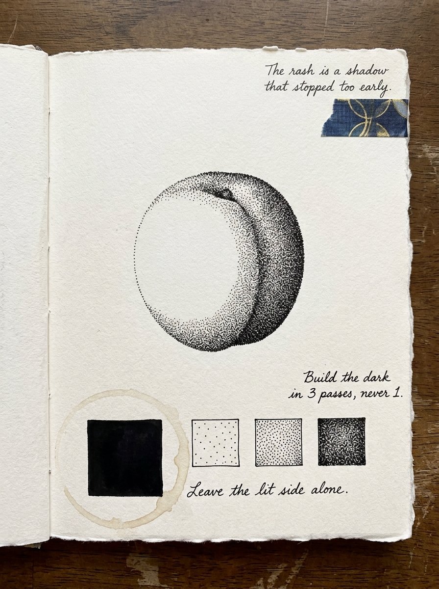 Artist journal page of stippling drawing tests, a dotted plum with handwritten margin notes