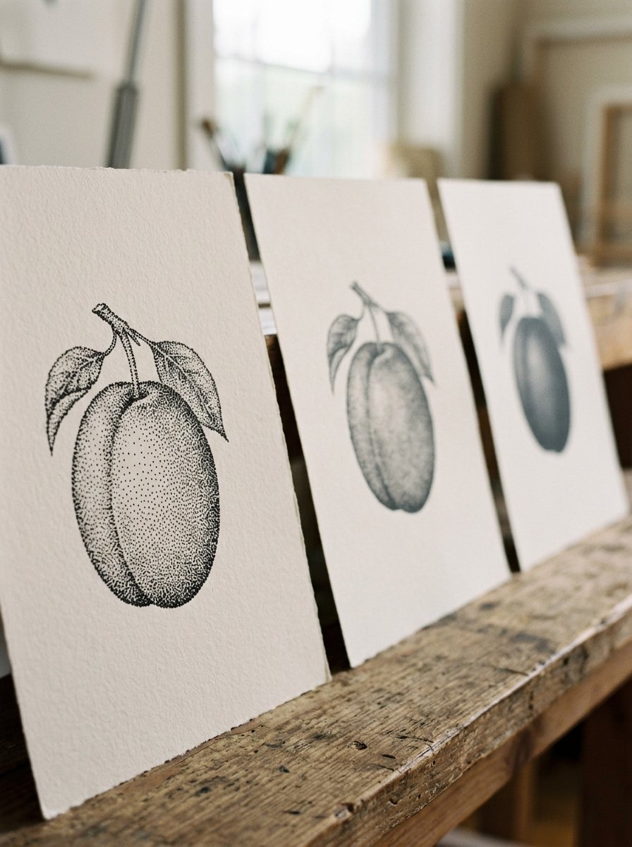 Three sheets of the same stippling drawing propped in a receding row, the dots merging into smooth shadow with distance