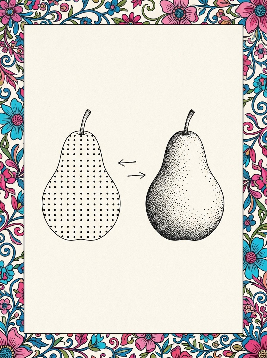 Two pears compared, one dotted evenly and flat, the other with its dots gathered on the shadow side