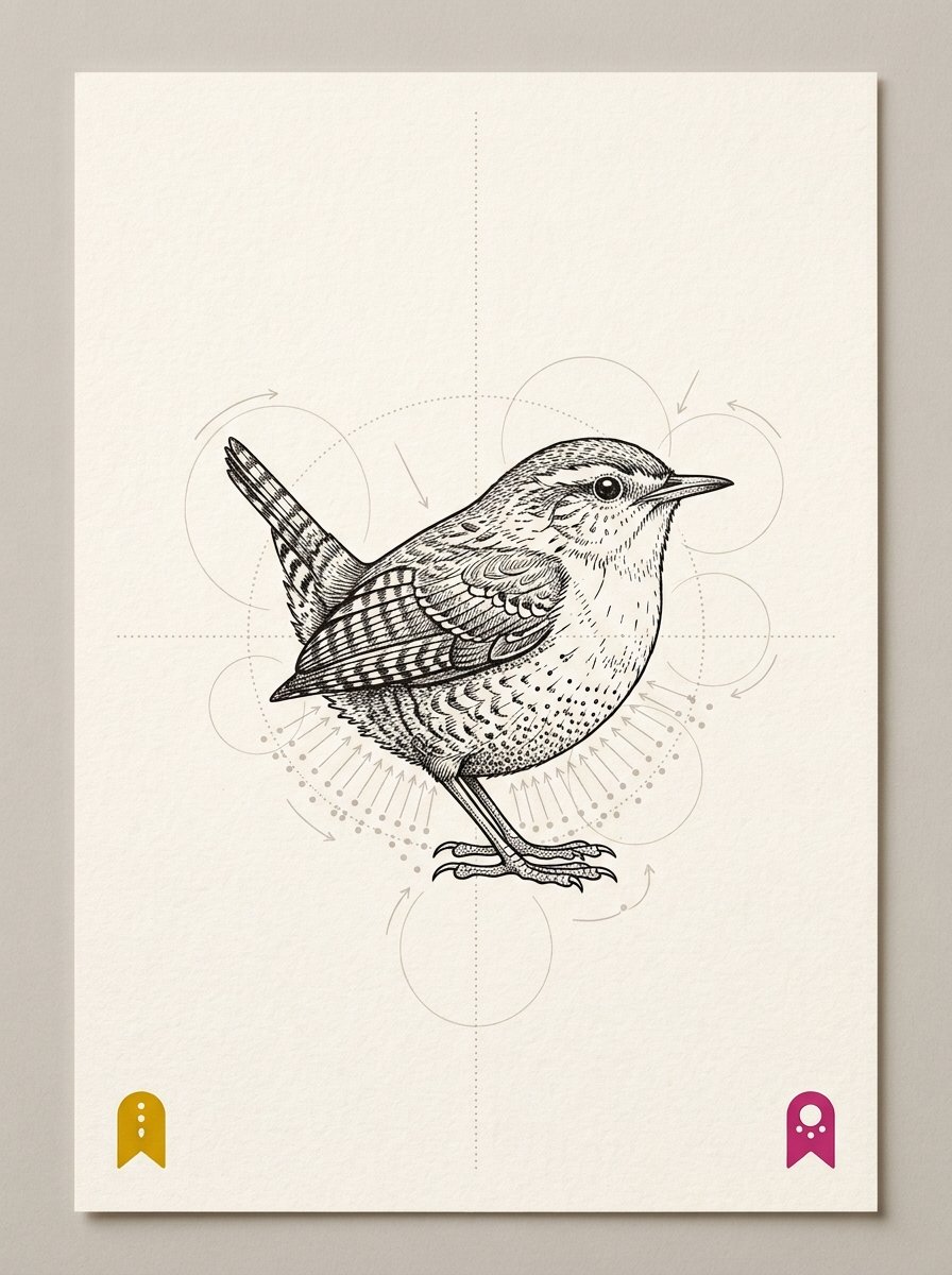 Spacing worksheet showing where crowded dots sit under a wren's breast and where to leave the paper bare