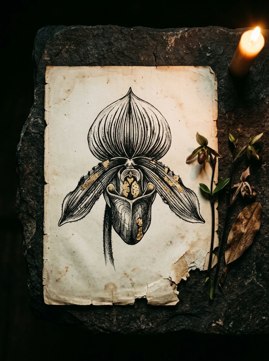 An old folio botanical plate of a single slipper orchid, photographed by candlelight on rough dark stone with cut stems beside it