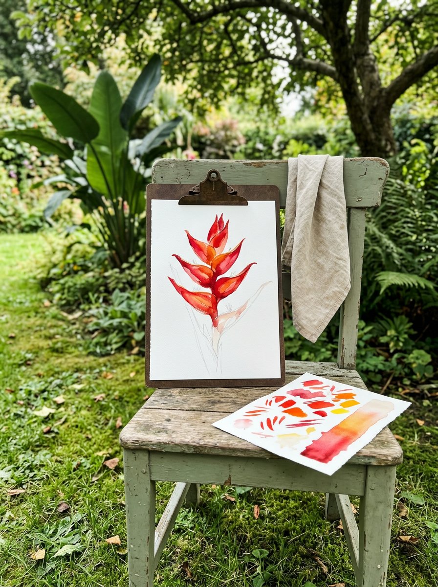 Tropical flowers drawing: a weathered garden chair holding a clipboard with one scarlet heliconia painted fast in loose watercolour, a colour test sheet beside it