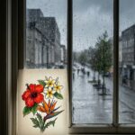 Tropical flowers drawing propped at a rainy window, three bold blooms in vivid colour against a grey street