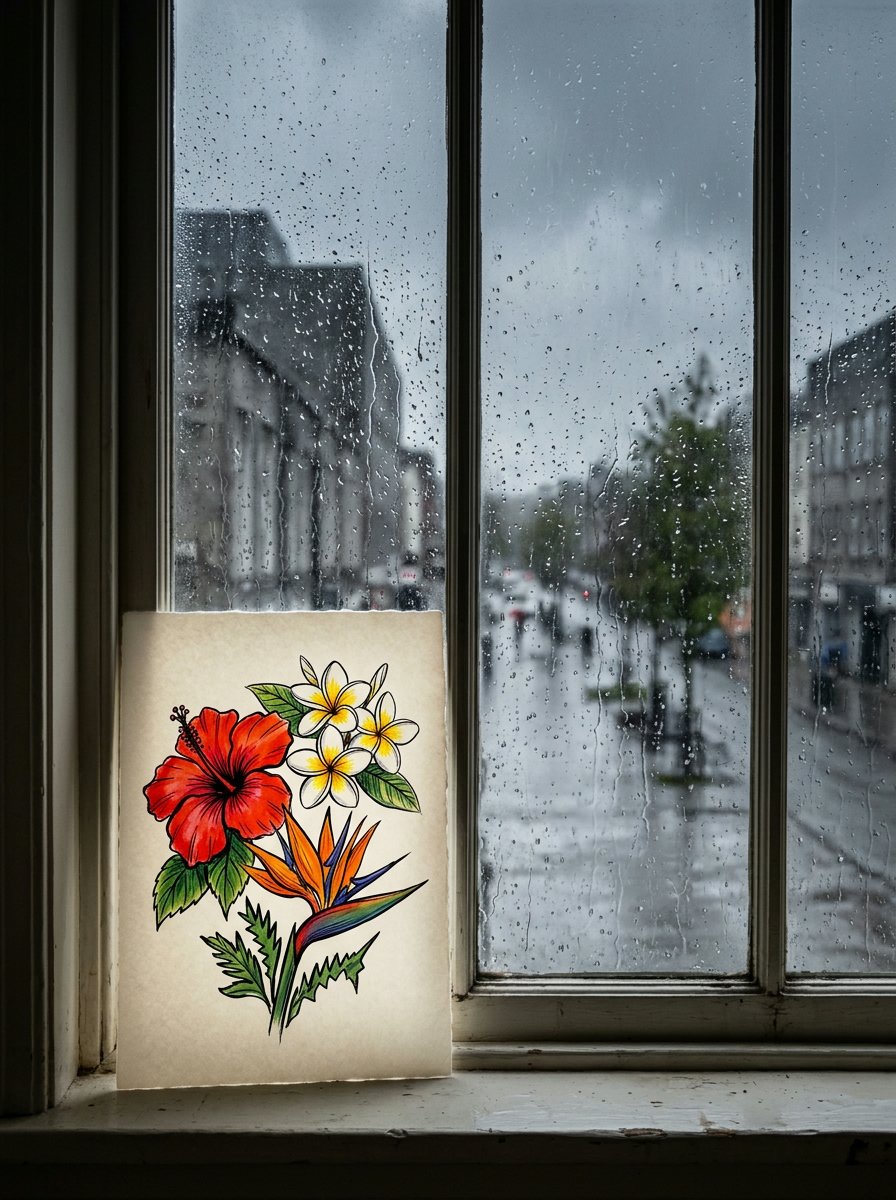 Tropical flowers drawing propped at a rainy window, three bold blooms in vivid colour against a grey street