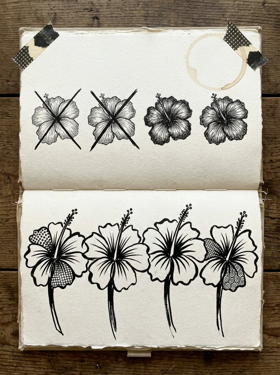 An open artist journal, a top row of careful crossed-out hibiscus attempts and a bottom row of the same flower drawn big and fast
