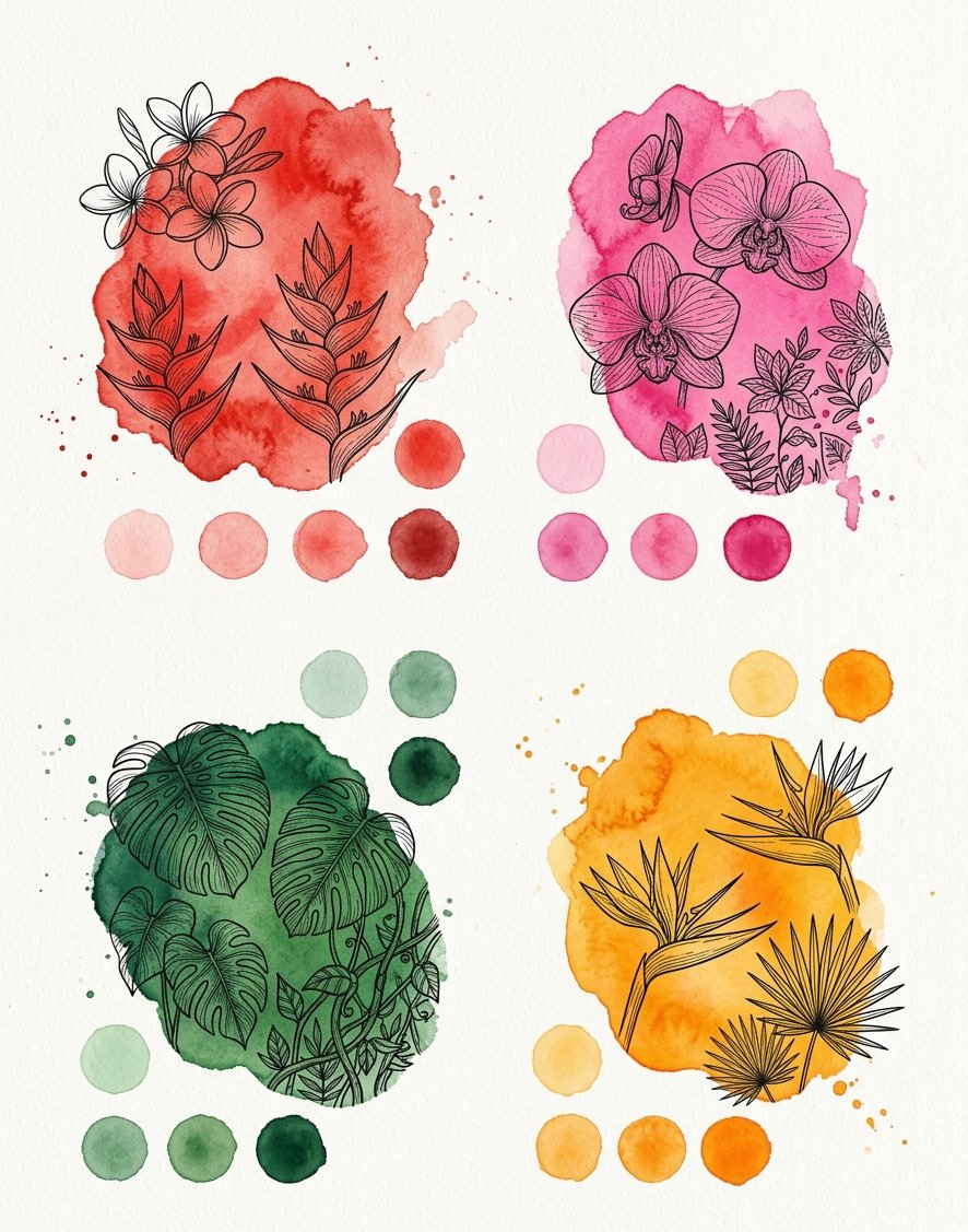 Tropical flowers drawing palette guide, four jewel-tone watercolour blobs overlaid with black ink blooms and heavy foliage