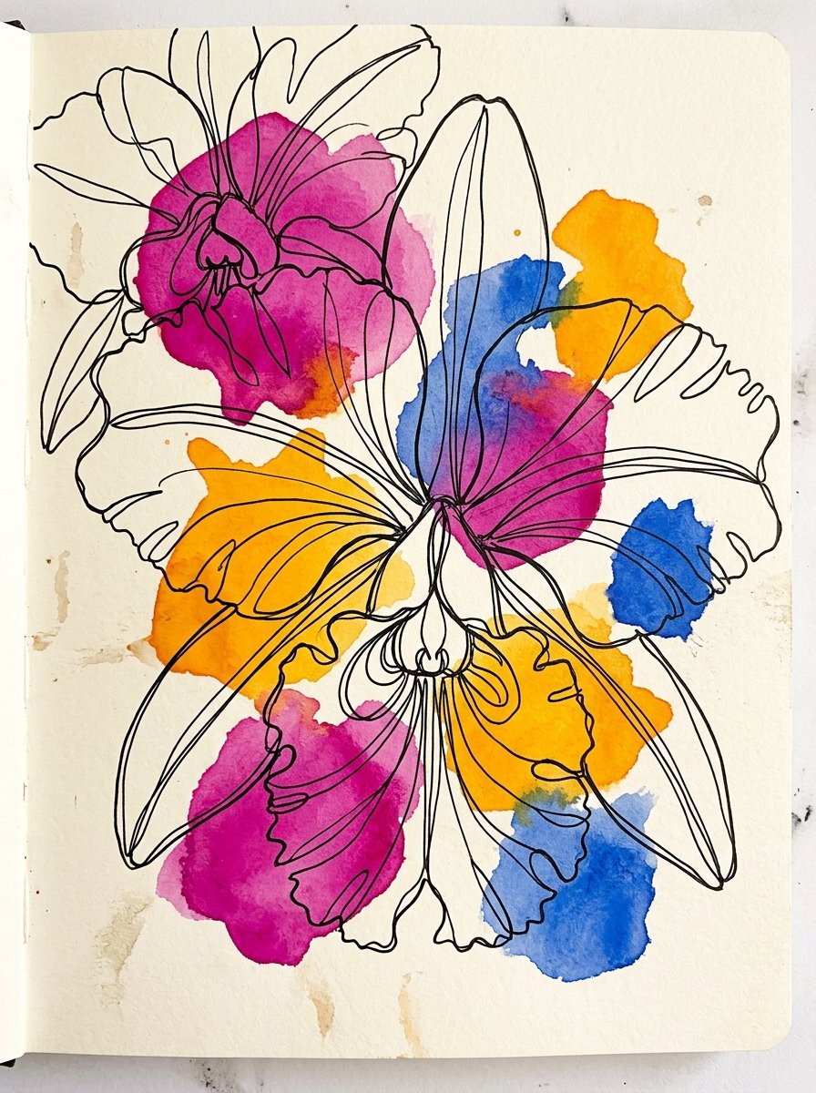 One orchid drawn life size in continuous black line over magenta, marigold and cobalt washes, running off the edge of the page