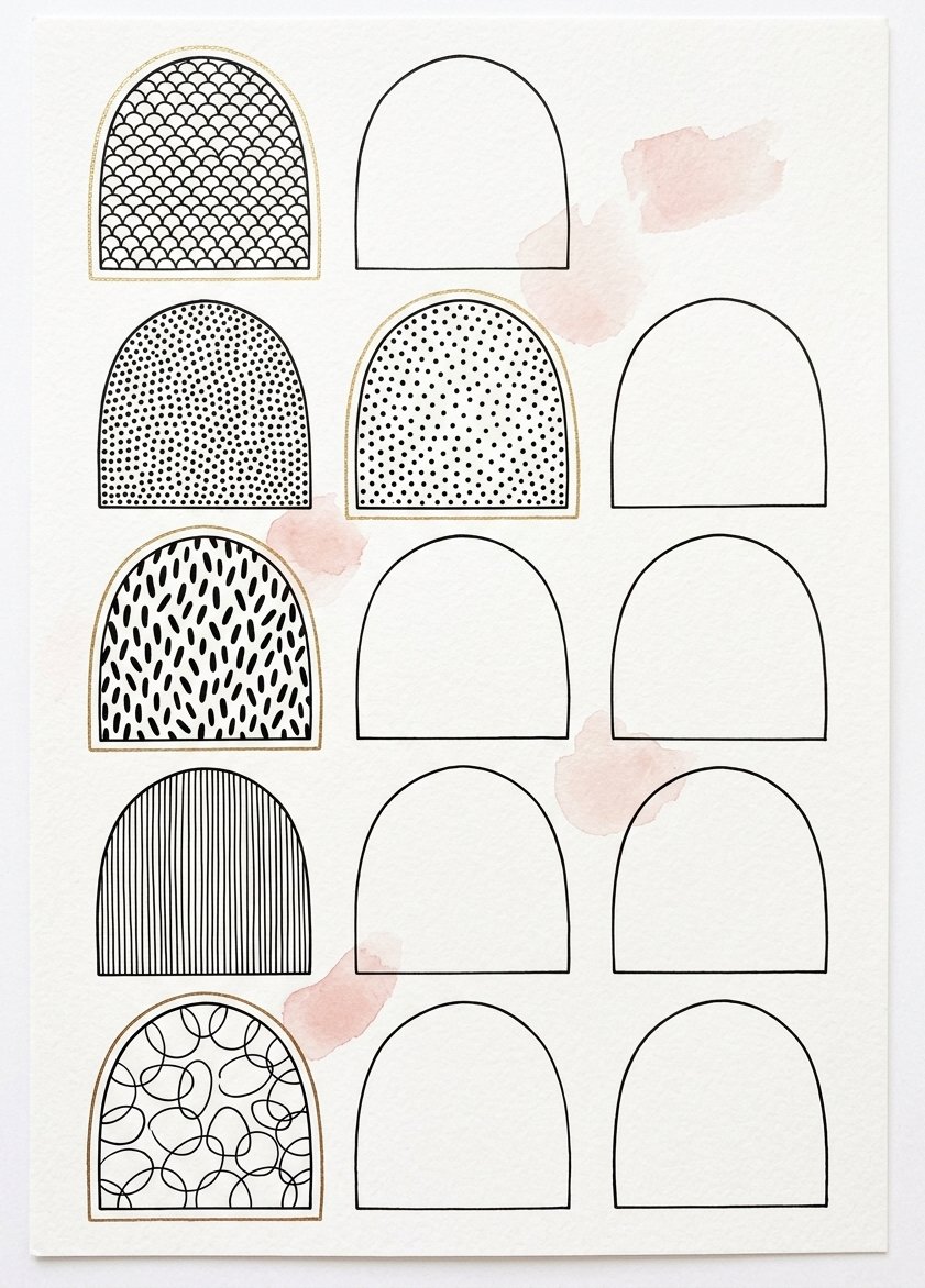Tropical flowers drawing petal fills, each black ink pattern shown inside an arched petal beside its twin left completely bare