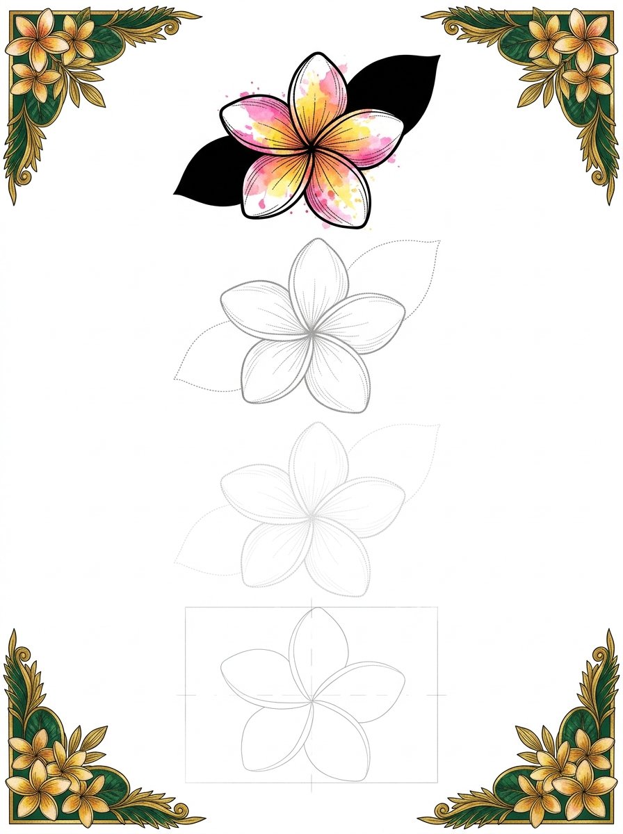 Tropical flowers drawing fade sheet, one plumeria repeated 4 times and losing more line with every pass down the page