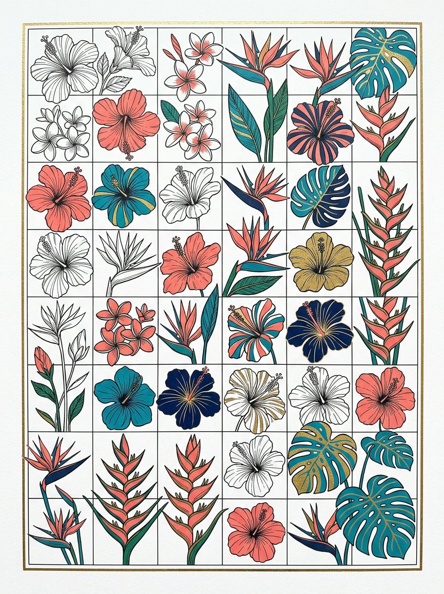 A vibrant grid of tropical bloom drawings at many sizes, ready to cut out and arrange as a wall of art