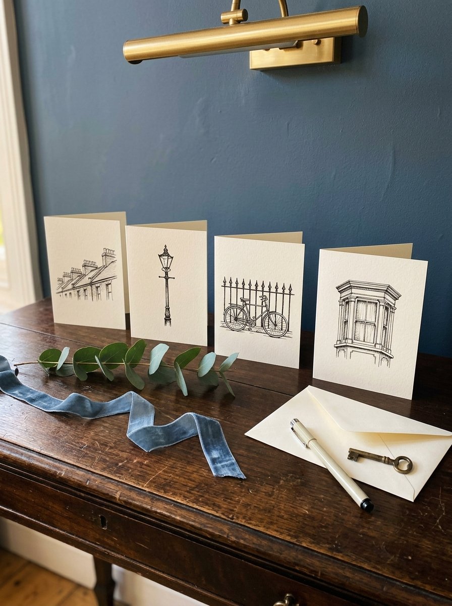 Four finished street drawings propped on a hall table beside a cream envelope