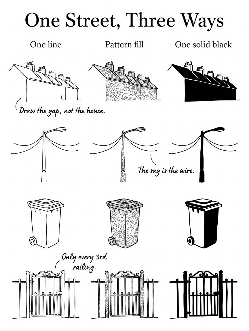 A roofline, a lamppost, a wheelie bin and a garden gate each drawn 3 ways in ink
