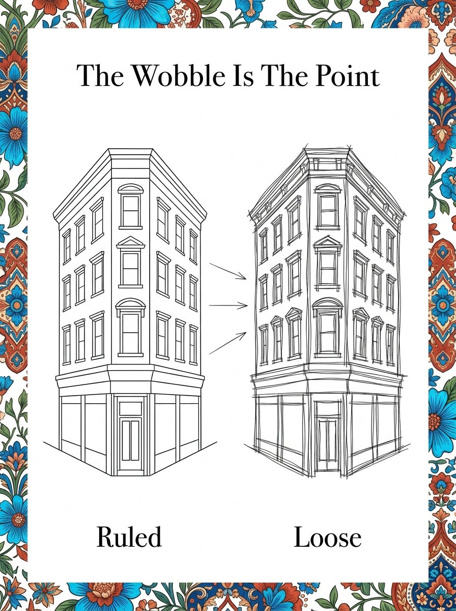 Urban sketching for beginners: a worksheet comparing a ruled building drawing with a loose fineliner version of the same corner