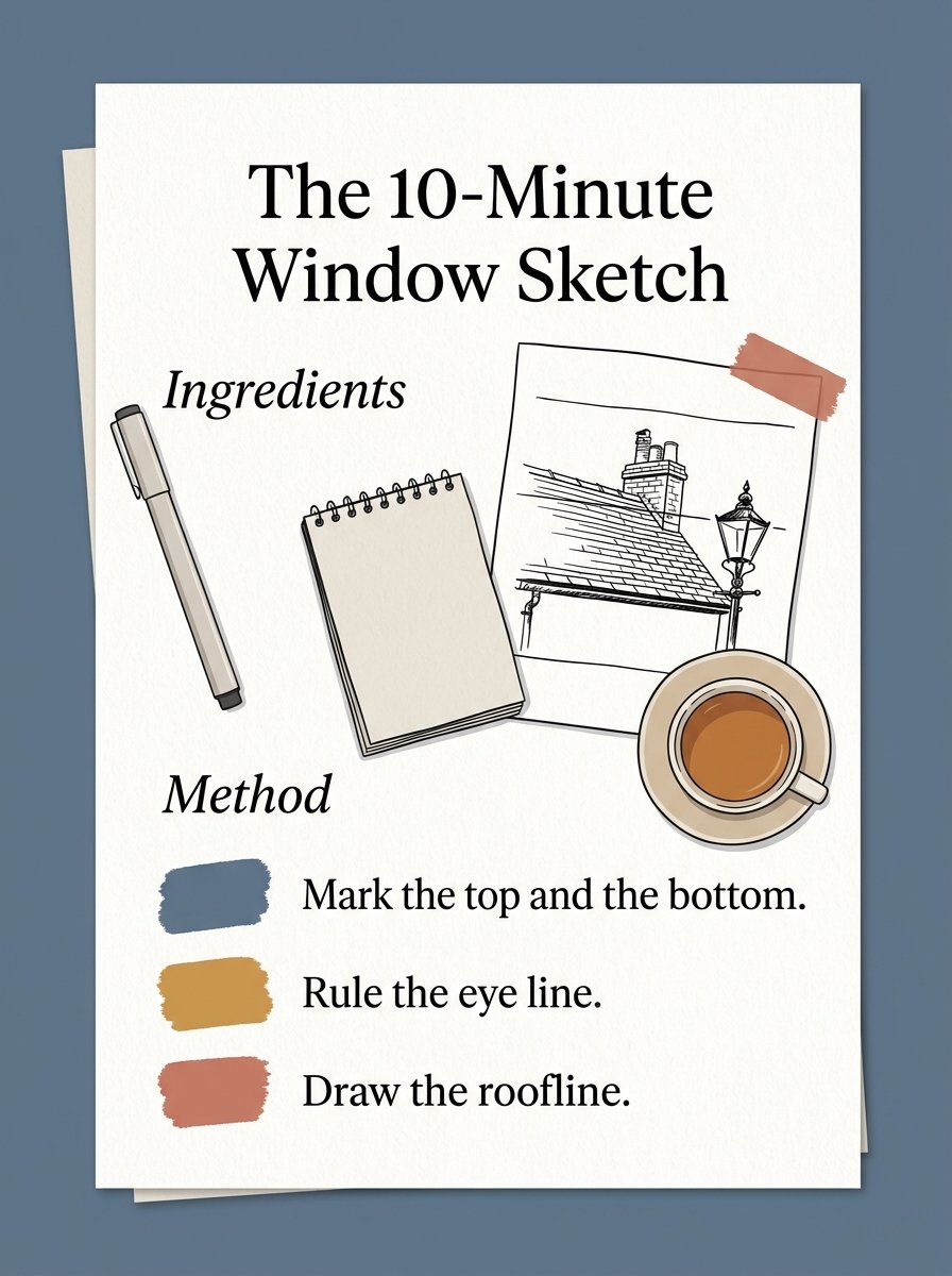 A recipe card for a 10-minute window sketch, with ingredients and method